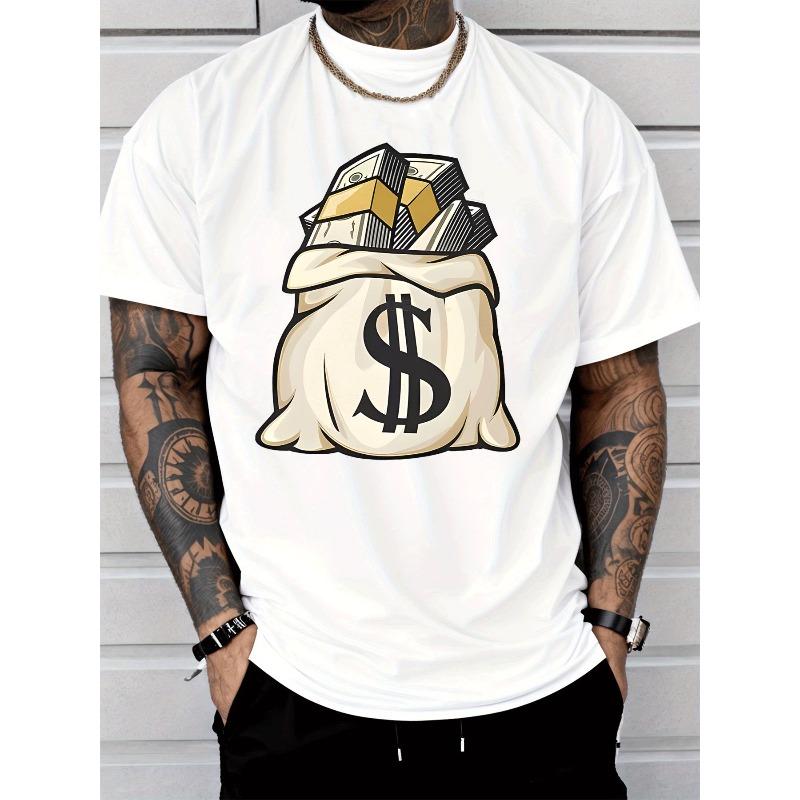 

Мужская черная повседневная футболка с графическим изображением мешка с деньгами и знака доллара, идеально подходит для уличного стиля и моды для взрослых S белый