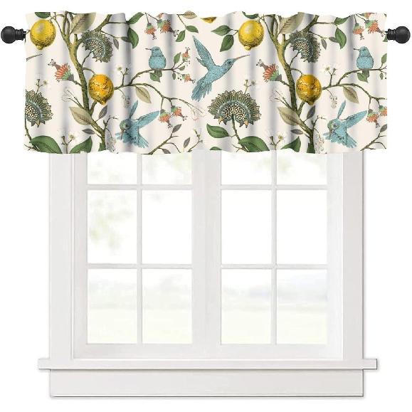 Retro Lemon Kitchen Valance, Summer Blue Birds Lemon Tree Nature Botanical Plants Flowers Hummingbird Spring Print Short Blackout Window Curtain for