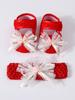 Baby Girls Lace Pearl Rhinestone Bow Crib Shoes & Matching Crochet Headband Set, Soft Dot Anti-Slip Magic Tape Mary Jane Princess Shoes