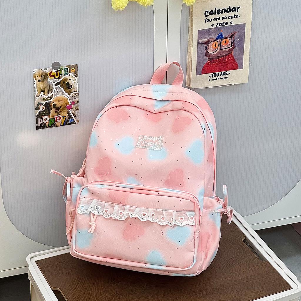 Cartable Nouveau Sac à Dos à Pois en Dentelle Coréen Léger Polyvalent Décontracté Grande Capacité Mode Sac à Dos pour Étudiant Trajet Scolaire