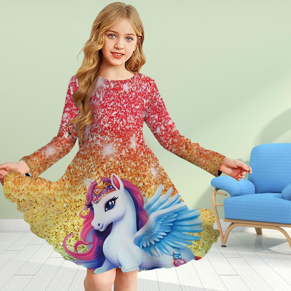 Girl Casual 3D Print Orange Unicorn Round Neck Long Sleeve Dress Kid Princess Dress