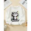 Unisex Crewneck Sweatshirt - Fluffy Black And White Cat Sitting Machine Washable, Spring And Autumn, Sportswear And Casual Wear, Soft