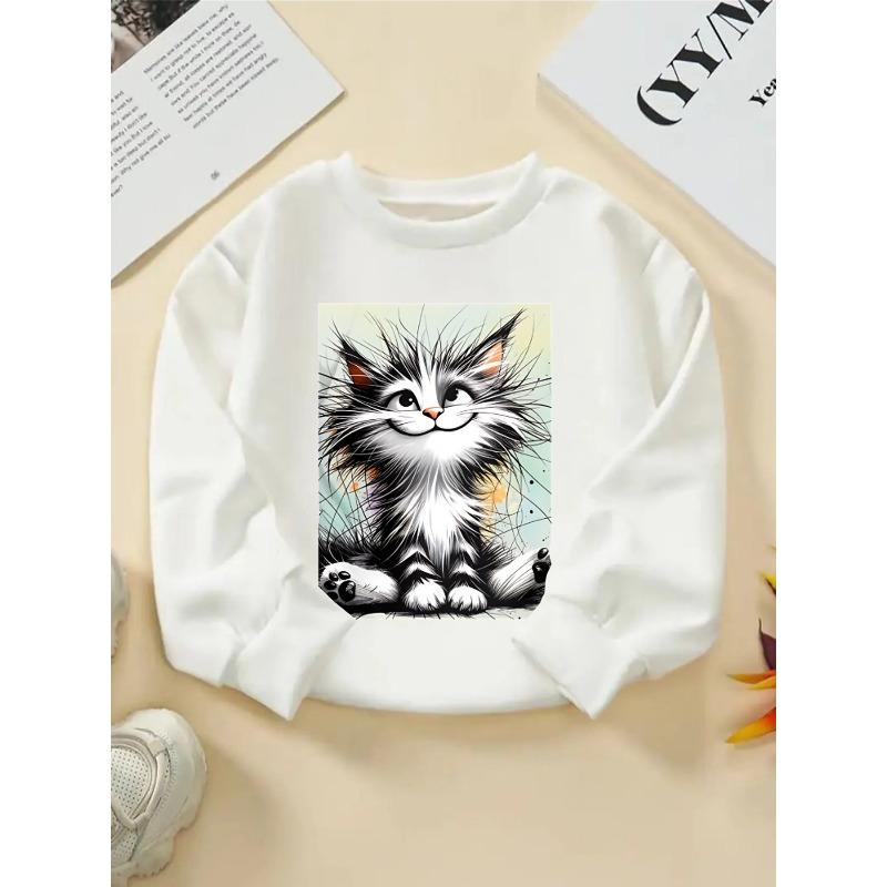 Unisex Crewneck Sweatshirt - Fluffy Black And White Cat Sitting Machine Washable, Spring And Autumn, Sportswear And Casual Wear, Soft