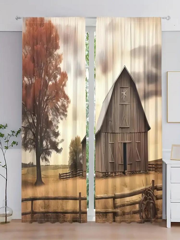 Set Of 2 Curtains Window Decorations Rural Tree Barn Pattern Prints Home Room Curtain Polyester
