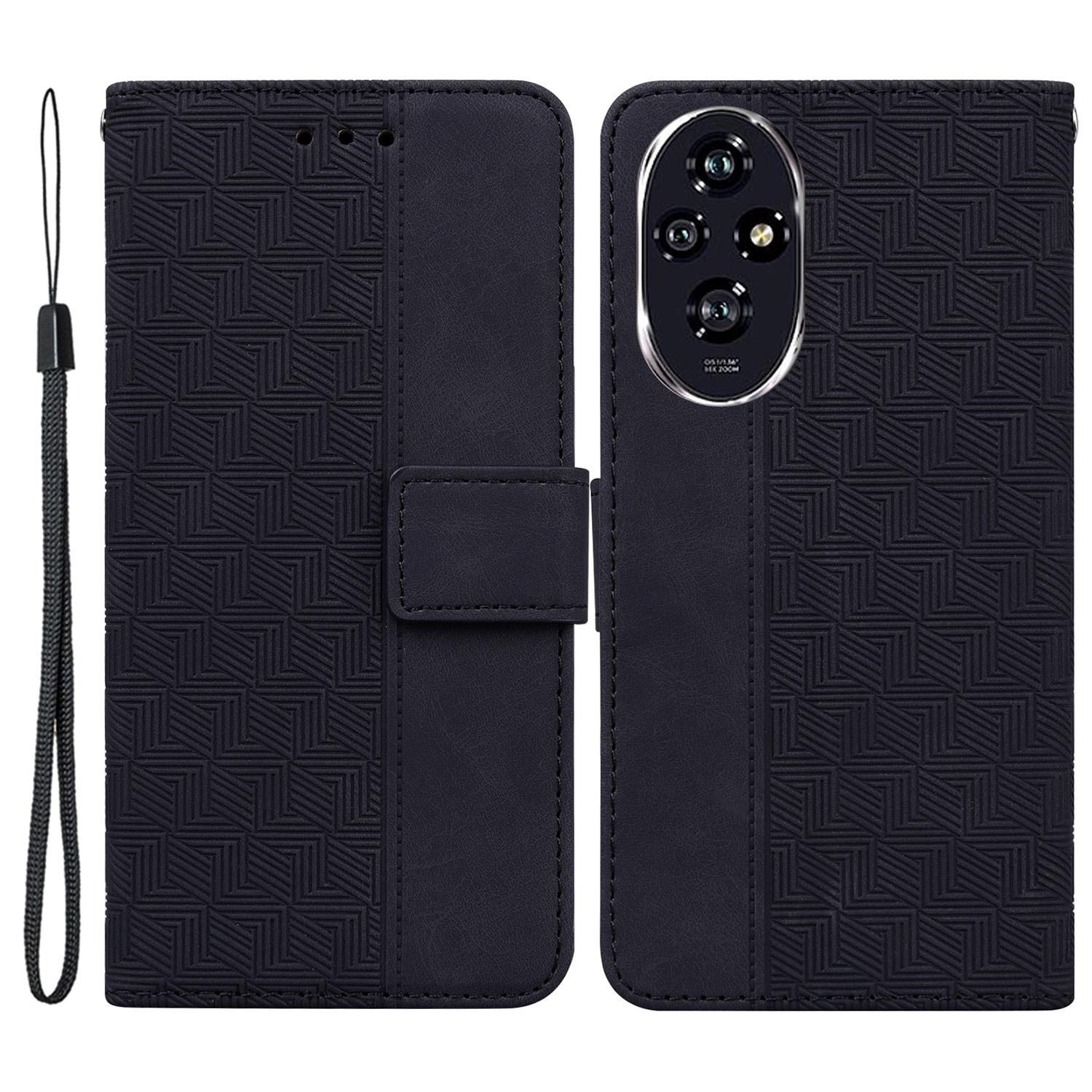

For Honor 200 5G Leather Case Geometry Imprint Wallet Phone Cover with Strap Black