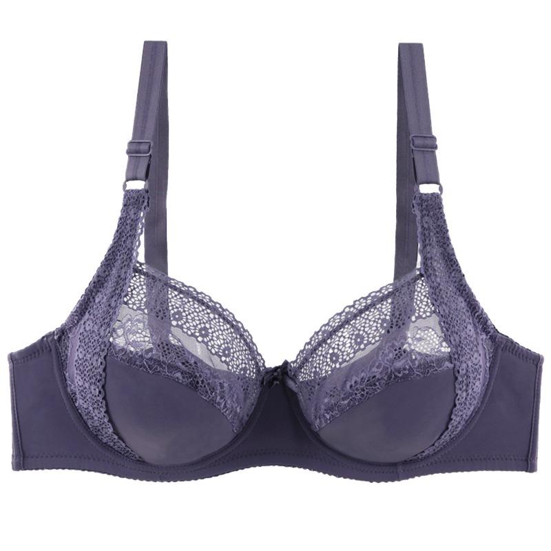 Women Plus Size Underwire Bra Lace Trim Full Cup Push Up Thin Bra 80E фиолетовый