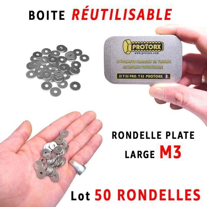 Rondelle M3 - PROTORX - Acier Inoxydable A2 - Boite De 50 Pcs - Diamètre 3,2mm - Large