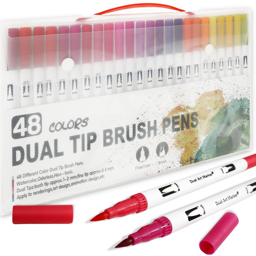 48 Pcs Double Brush Marker Pens with Portable Box 48 Colors Art Markers Set Fine and Brush Double Tip Markers Set Art Supplies