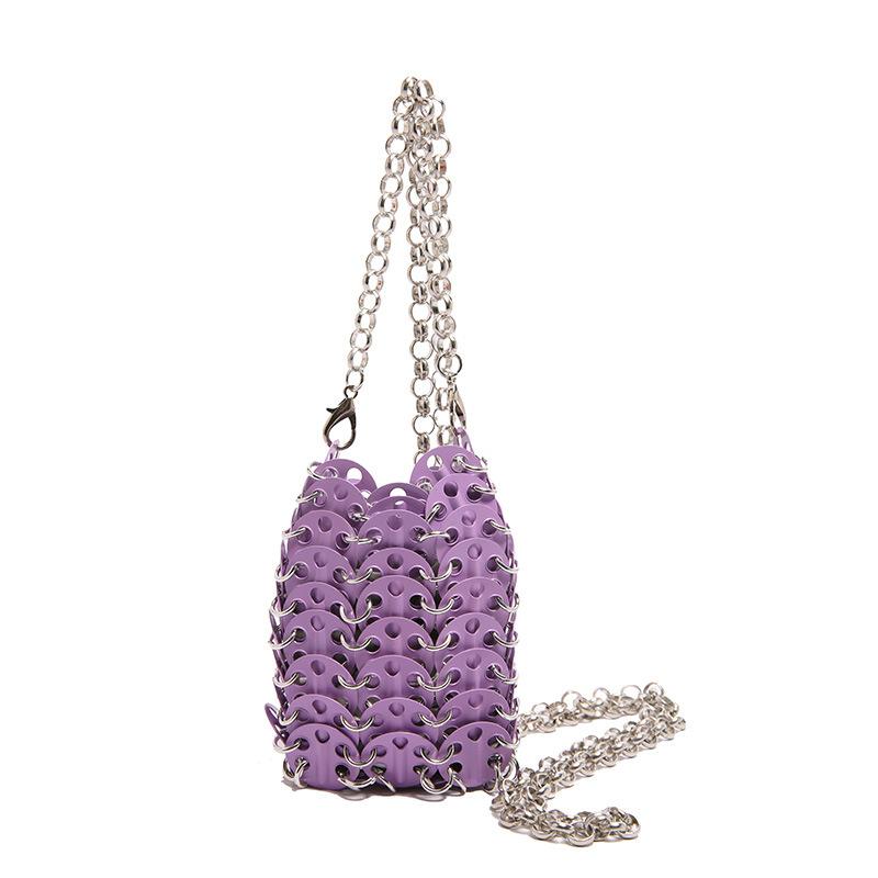 

Women Bags Designer Silver Metal Sequins Chain Woven Bag Hollow Evening Bags Clutch Female Travel Holiday Shoulder Bag Handbag фиолетовый