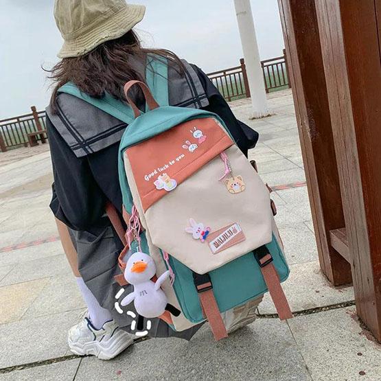 Încântător cu pandantiv de rață ghiozdan impermeabil, insigne drăguțe pentru fete, rucsac din nailon, în stil preppy, rucsac de culoare contrastantă, versatil