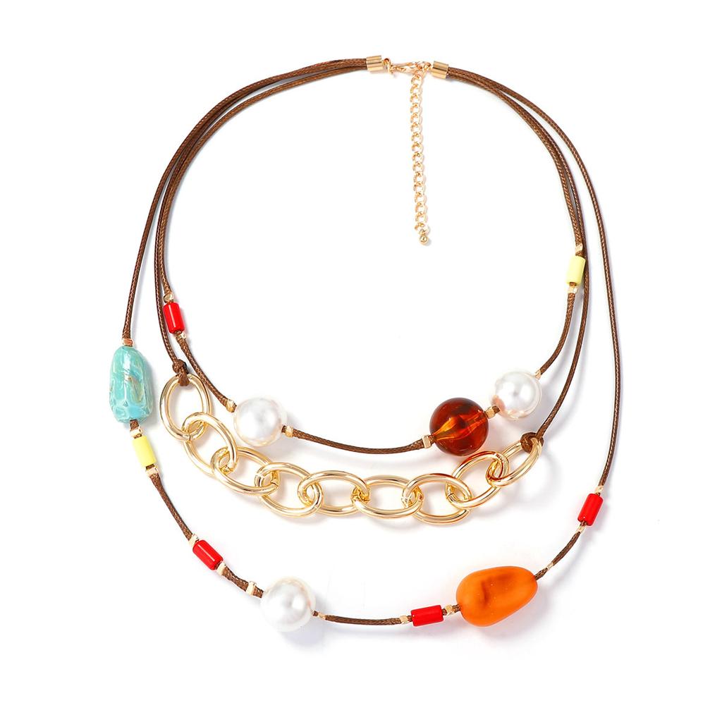 European and American Simple Fashion Trend Multi-layer Stacking String Geometric Pearl Resin CCB Leather Rope Multi-layer Stacking Necklace Women