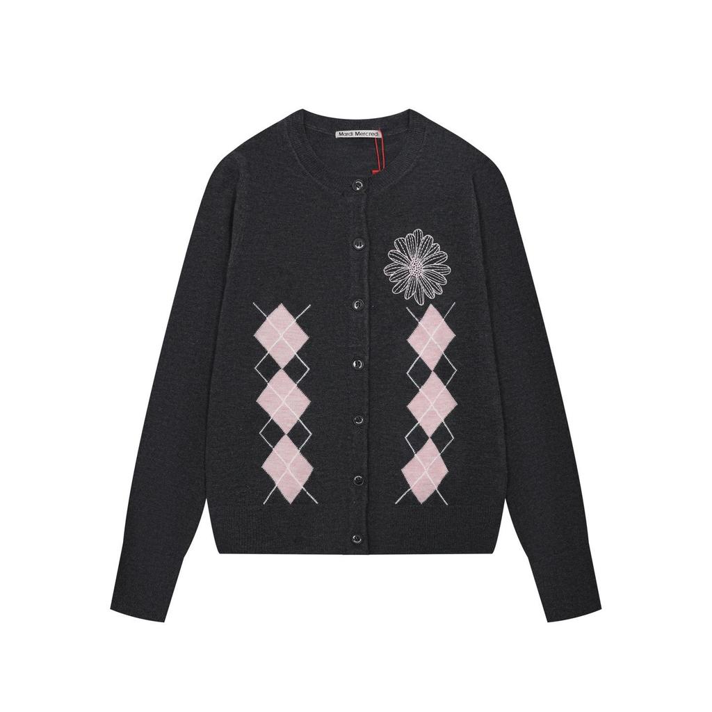 Korean Niche Old Money Logo Embroidery Plaid Knitwear - Single-Breasted Long Sleeve