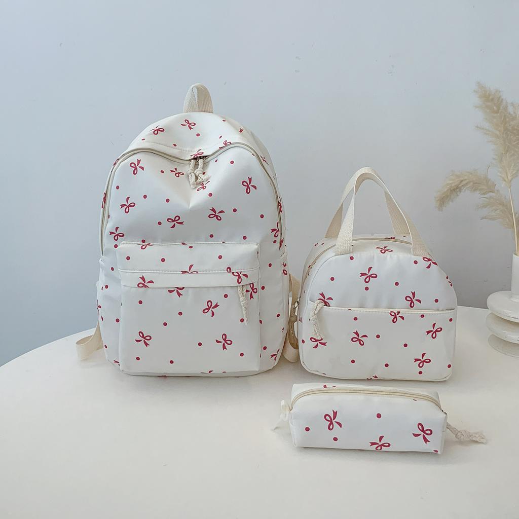 Korean Fashion Bow Print Women Backpack Simple Student Schoolbag Female Bag Set Three-Piece Backpack with Lunch Bag Pencil Case