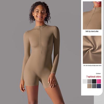 Zippered Long-Sleeve Fitness Jumpsuit with Brushed Nude Feel
