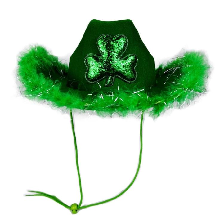 

Green Homburg Glitters Hat with Shamrock Charm Rodeos Hat Furry Brimmed for Irish Wear Holiday Props 1 зелений