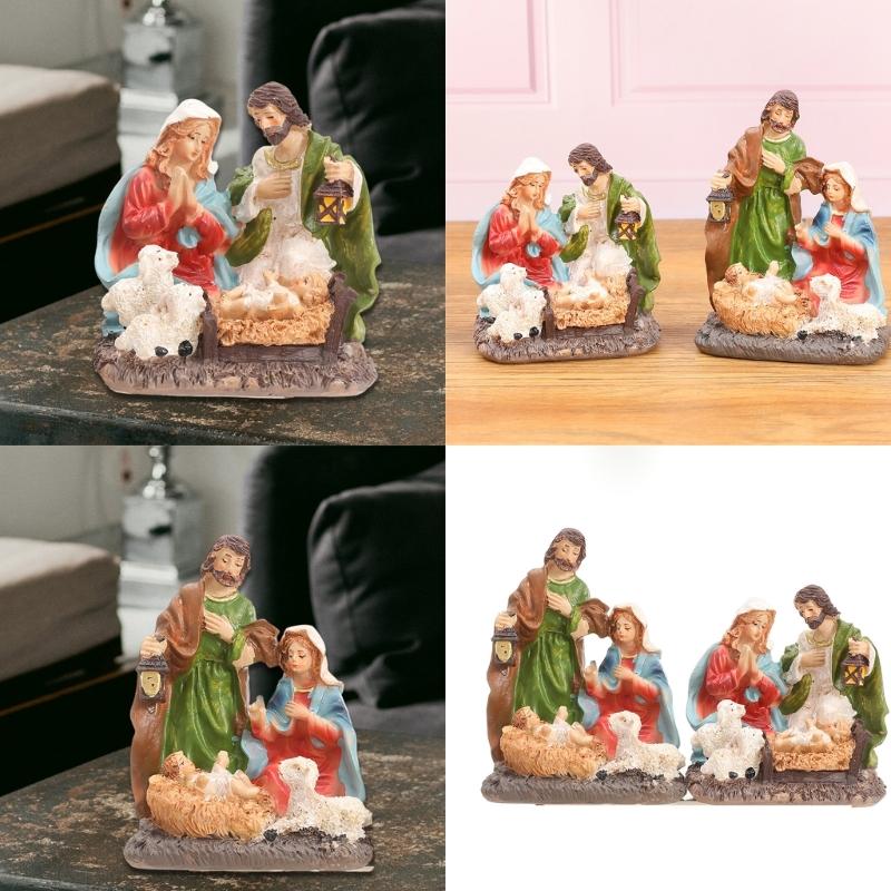 Detailed Holy Family Resins Statue Christmas Home Desktop Decors Religious Nativity Scene Figurine Shelf Ornament Gift