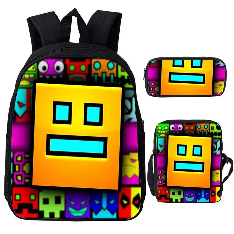 Angry Geometry Dash Cartoon Print Children Backpack 3Pcs Set Boys Girls School Bags Large Capacity Bookbag Back To School Gifts