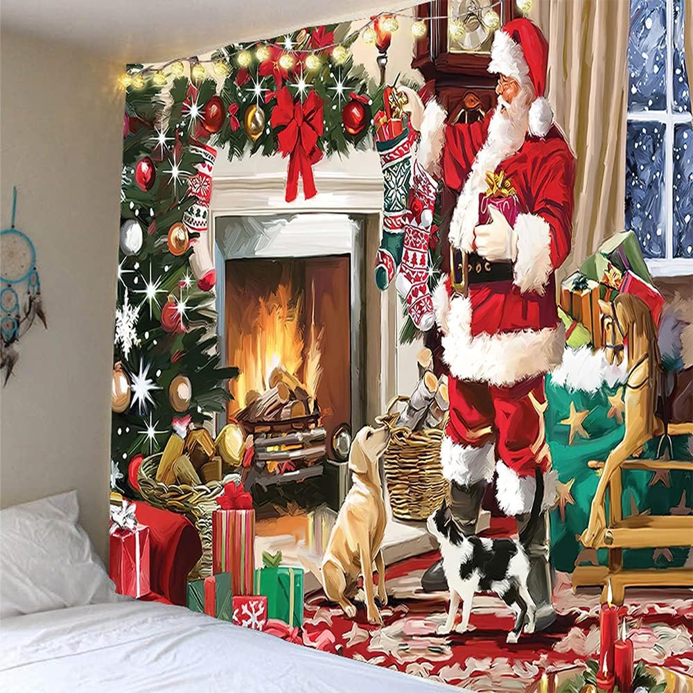 New Boss Christmas Santa Claus Fireplace Christmas Tree Tapestry Wall Hanging, Background Cloth Wall Decoration for Living Room,