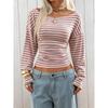 Nuova T-shirt a righe a maniche lunghe da donna, con scollo rotondo, spalle scoperte e vita stretta, top a tracolla per Europa America