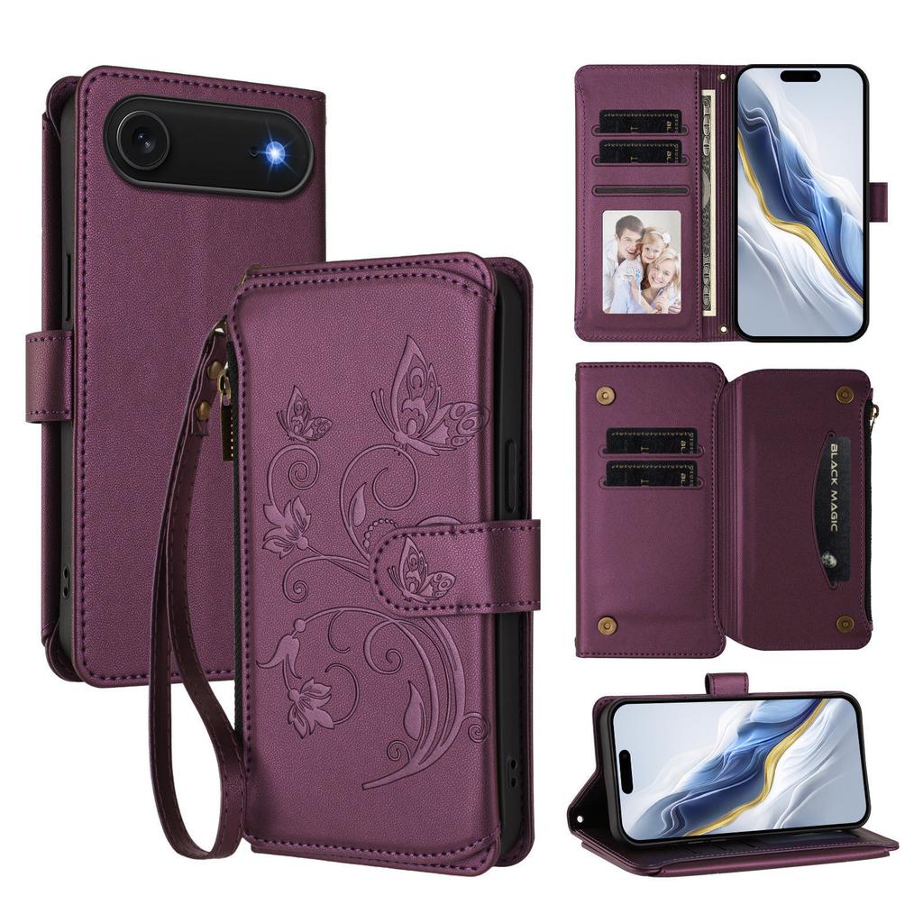 For iPhone 17 Air Leather Case Butterfly Floral Imprint Zipper Wallet Stand Cover with Wrist Strap