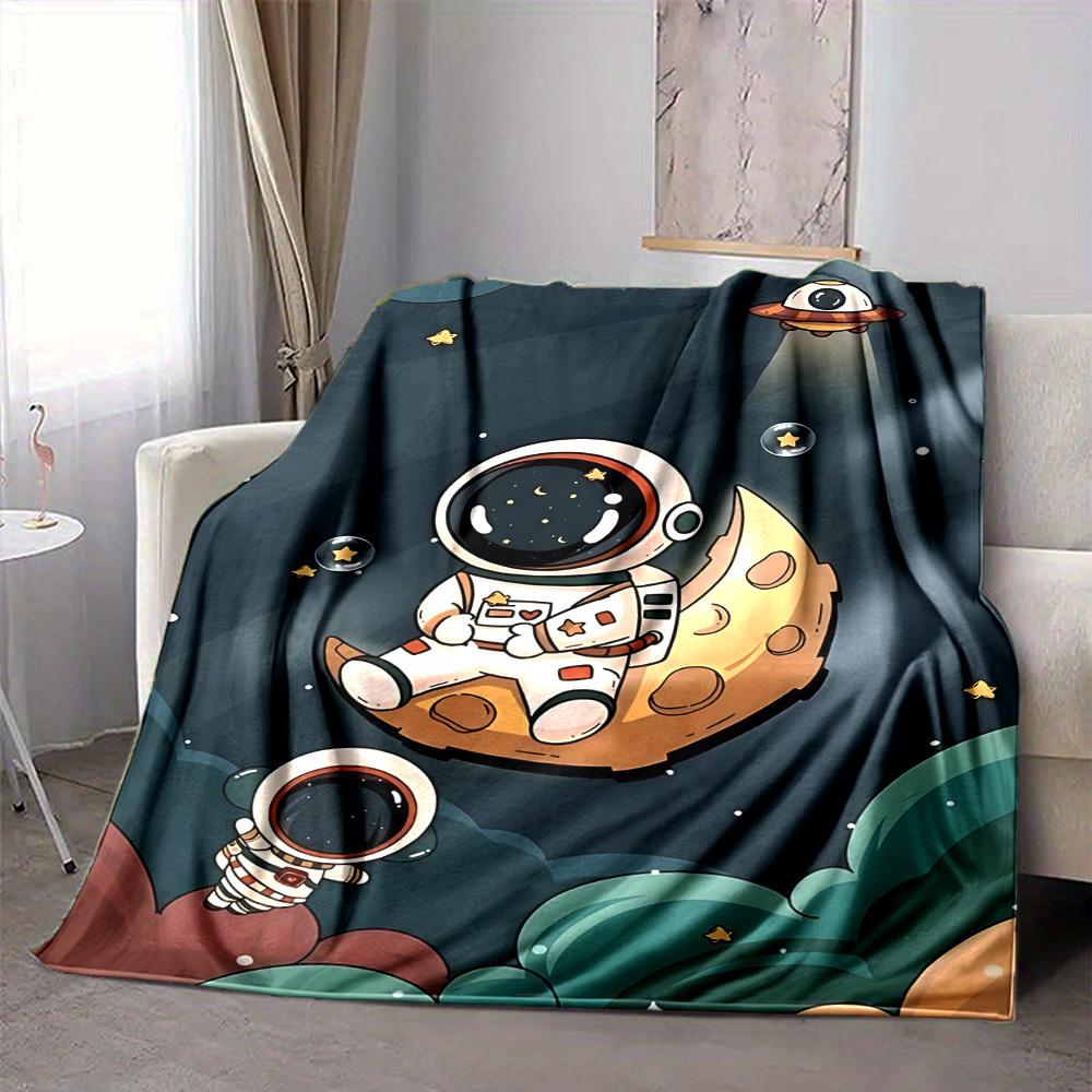 1pc Astronaut Moon Lightweight Flannel Blanket, Comfortable and Warm Blanket, for Office and Camping Sofa Bed, Livingroom047