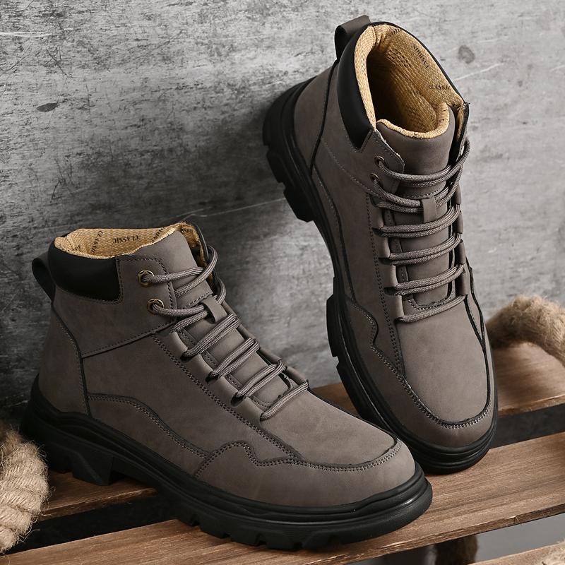 Men Gray Coffee Large Size Large Size Leather Work Boots Lace Up Rugged Utility Shoes Outdoor Walking Autumn Travel Footwear