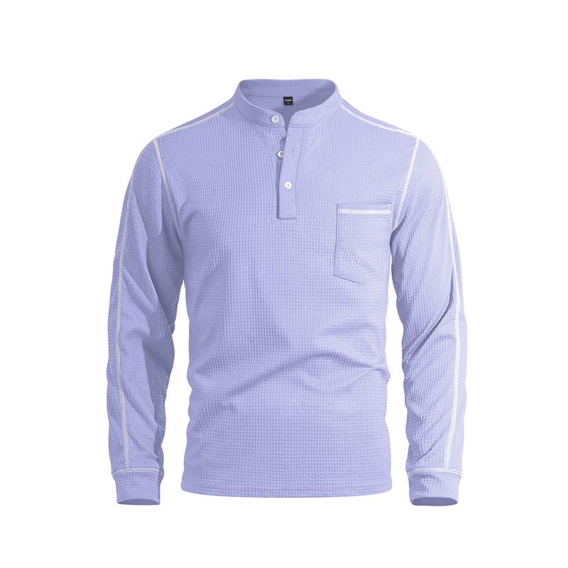 New Men's Waffle Long-sleeved Shirt with Patch-style Buttons, Henry Collar, Pocket-style Casual Outdoor Sports Men's Polo Shirt