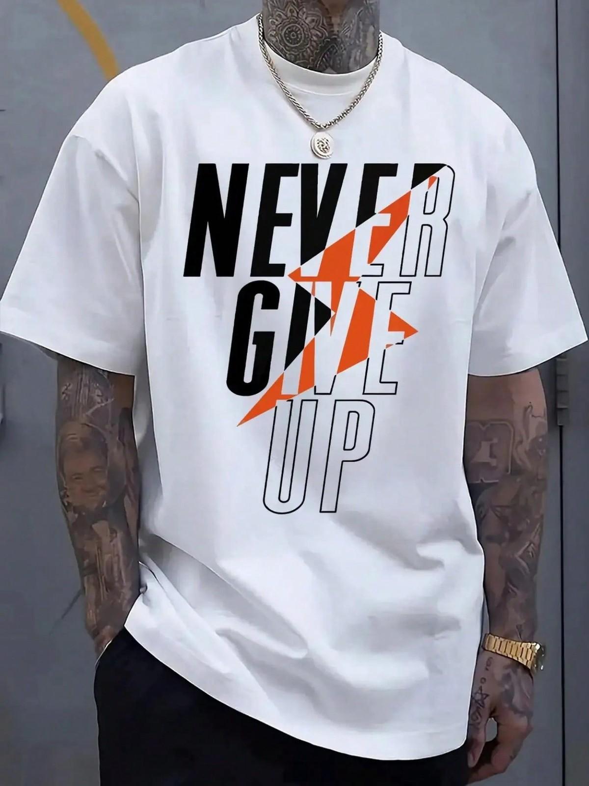 Men S Casual Never Give Up Graphic T-Shirt - White With Bold Orange S разноцветный