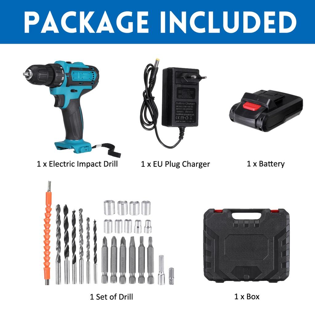 21V Cordless Electric Impact Drill Screwdriver 3 Functions Power Tools Lithium Battery Hand Drill with Box + Drill Bit Set