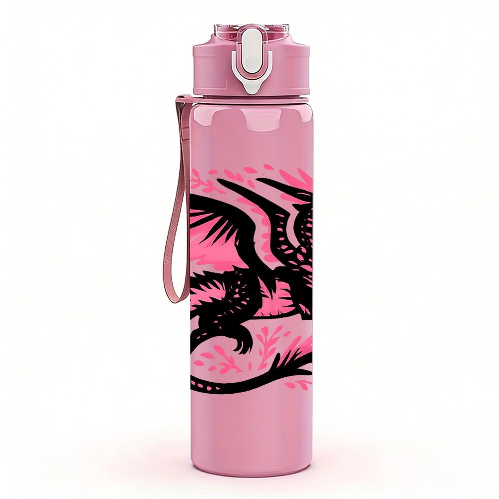 1PC Pink Black Dragon Art 750ml Color Plastic Sports Water Bottle Leakproof Flip Straw Lid Suitable for Sports Office Home Use