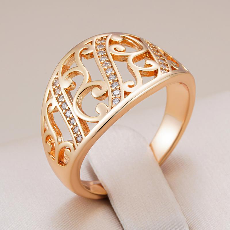 Rose Gold Color Ethnic Bride Rings For Women Fashion Natural Zircon Accessories Hollow Flower Daily Fine Jewelry