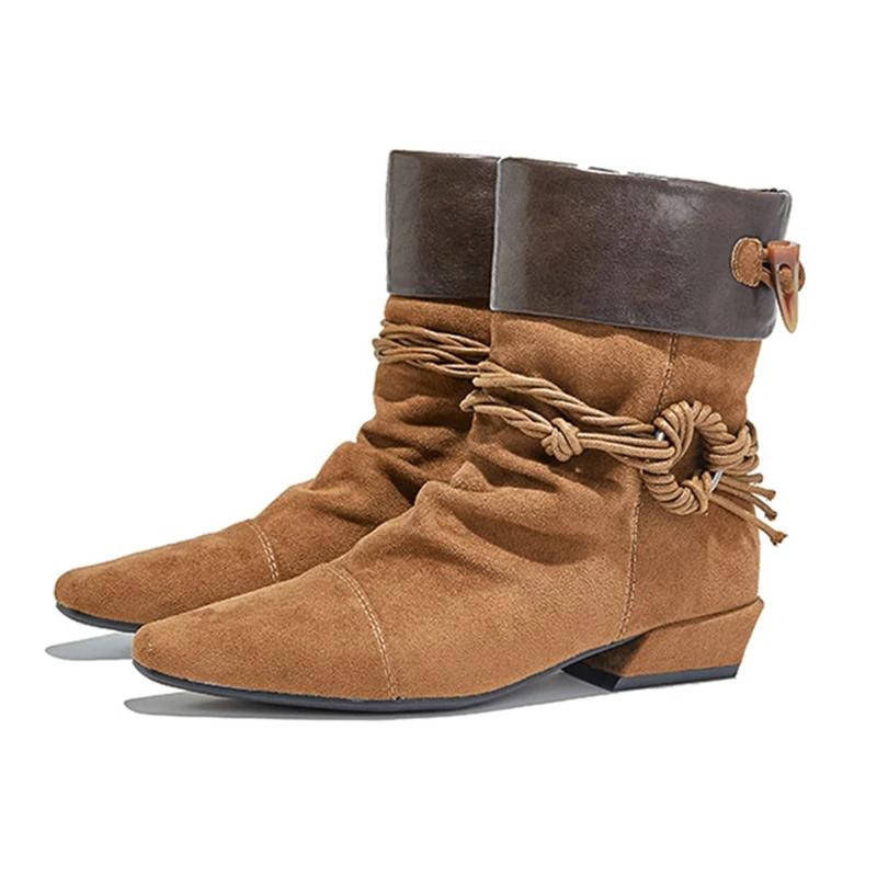 Neue Damen Cowboy Stiefel Spitz Zehenbereich Plissierte Damen Stiefeletten Übergröße Vintage Motorradstiefel Damen