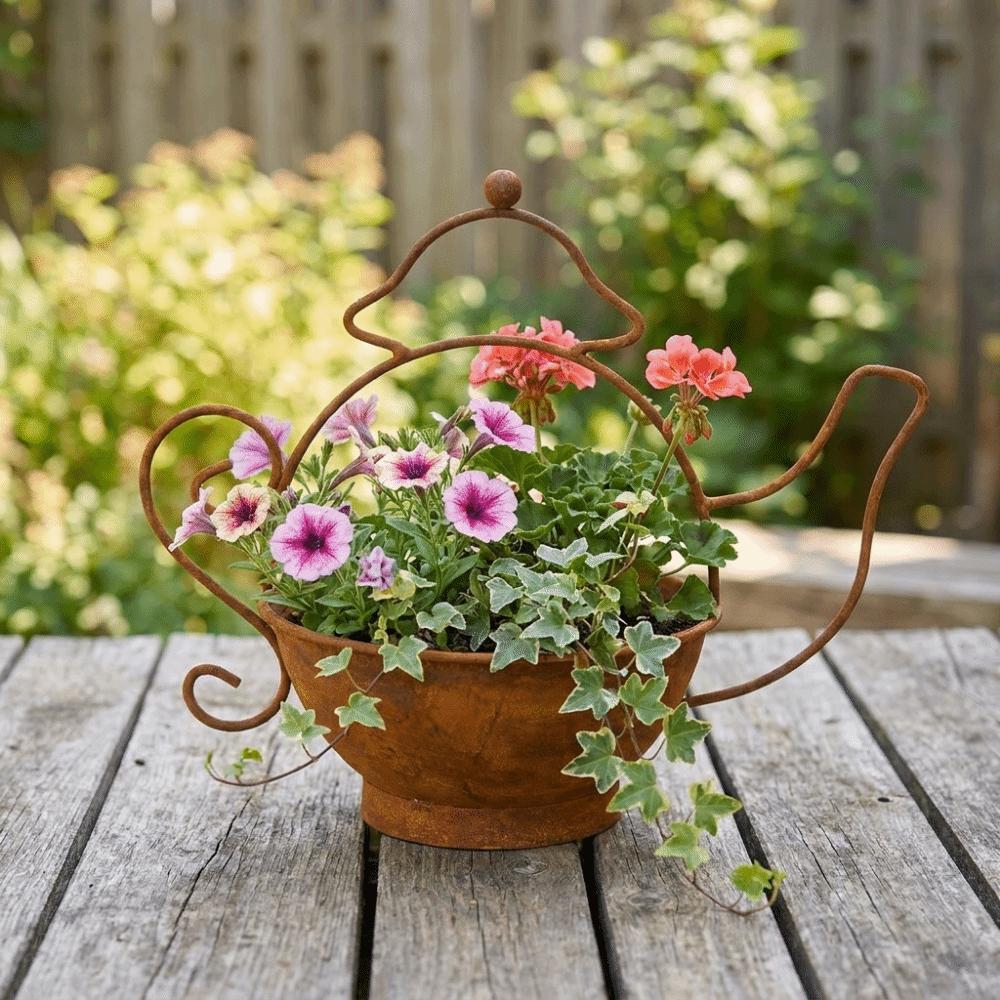 Decorative Kettle Shape Flower Pots Rust-Resistant Metal Teapot Planter Balcony