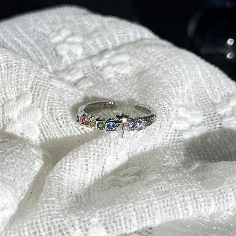 2026  Colored Diamond Starlight Flower Light Luxury Purple Diamond Sweet Cool Ring Female Ins Cold Style High-end Sense Versatile Index Ring Ring Resizable