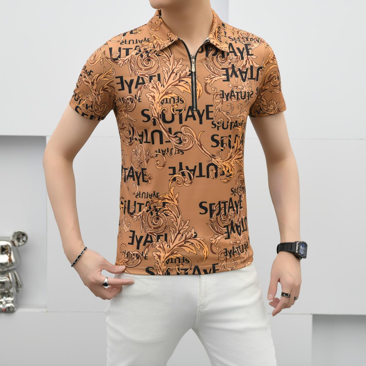 

2025 Summer New Retro Trend Men s Full Floral Print Thin Half-Zip Slim Fit Short Sleeve Top 4XL сірий колір