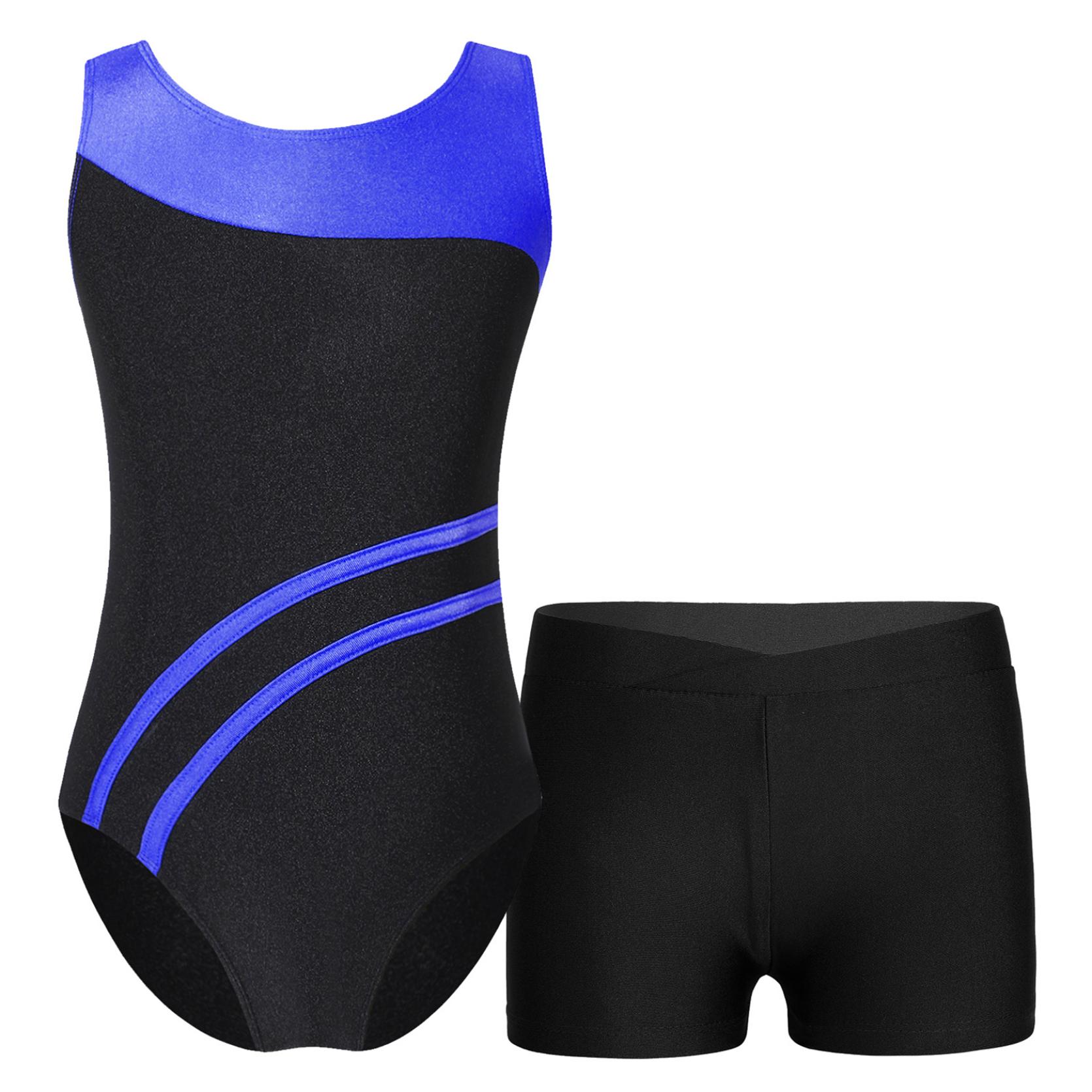 

Детский купальник без рукавов для девочек с вырезом сзади, контрастного цвета, шорты с V-образным поясом спереди для спортивных тренировок по гимнастике 5-6 Years королевский синий