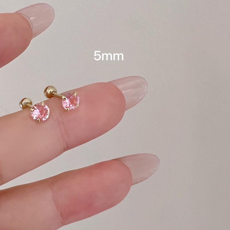 1Pair Pink Zircon  Stud Earrings Mini All-Match Ear Bone Nail With Turnbuckle For Women Girls Party Fine Jewelry Gift
