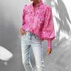 DAFIFY Women's Fashion Casual Summer Spring Flower Pattern Print Long Sleeve POLO Neck Blouses & Shirts