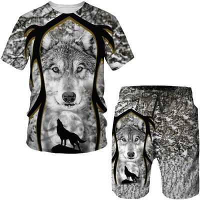 Set Estivo da Uomo con Stampa Animale 3D Lupo Luna Avido Manica Corta Lupo Cattivo Pantaloncini Traspiranti T-shirt