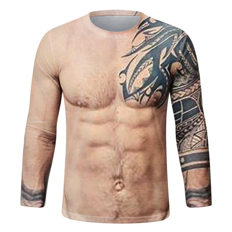 Spring and Autumn Round Neck Funny Fake Muscle Graphic 3D Printed Top Fashionable Casual Running Long Sleeved Men's T-shirts