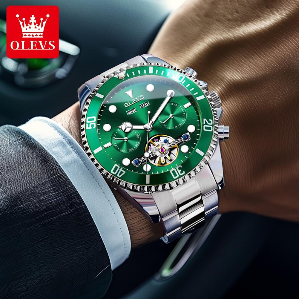 OLEVS 6605 Classic Original Mechanical Wristwatches For Man Skeleton Flywheel Calendar Business Automatic Men's Watch
