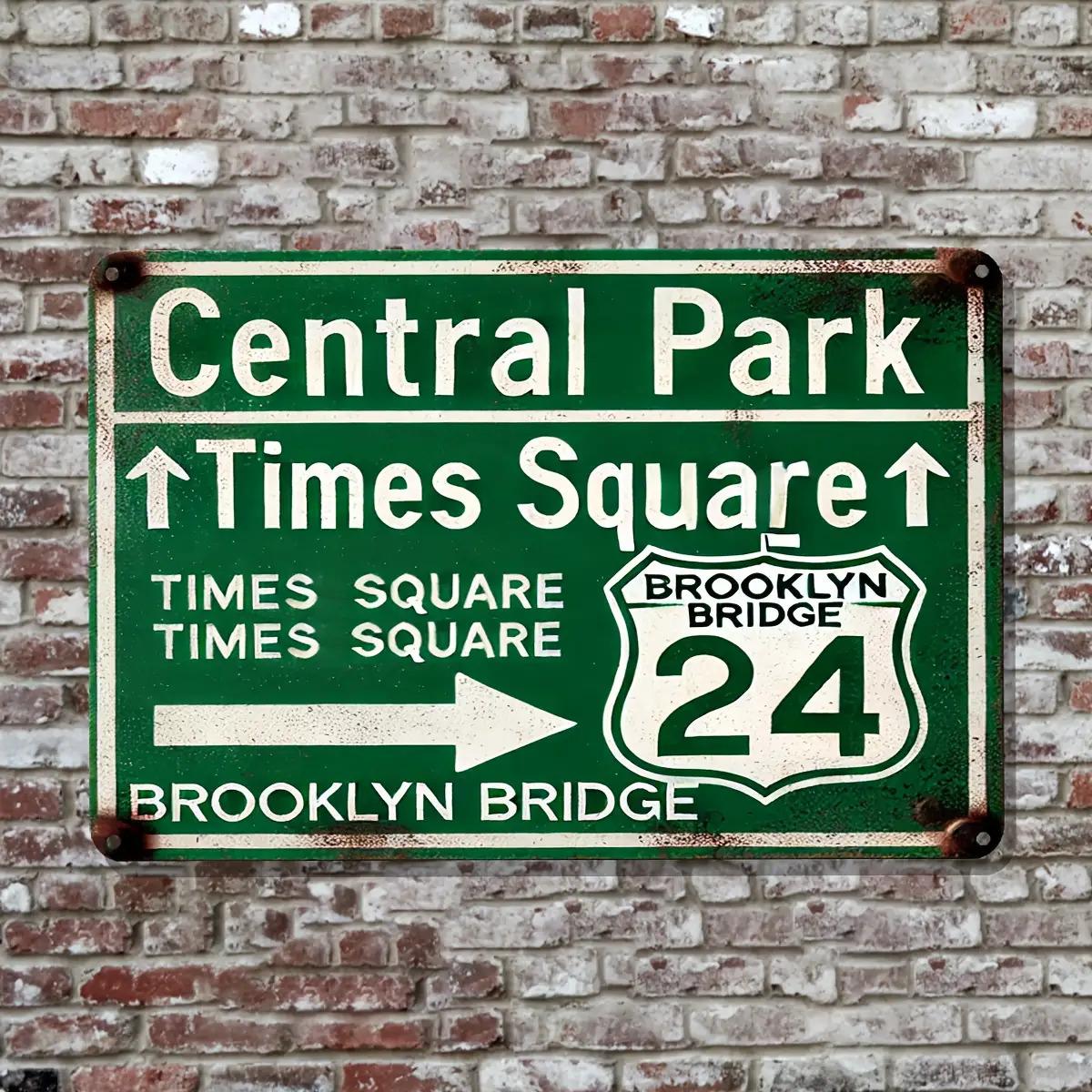 

Vintage D Flat New York City Landmarks Retro Tin Sign Central Park Times Square Brooklyn Bridge Route Themed Metal Wall De 20x30cm（7.8x11.8inch）
