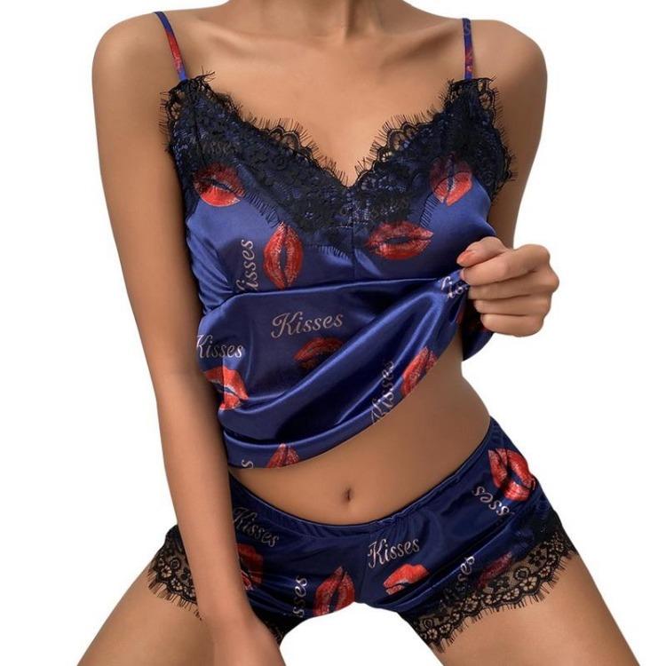 Women Sexy Polka Dot Printed Letter Sleepwear Set V Neck Sling Vest Shorts Casual Loungewear