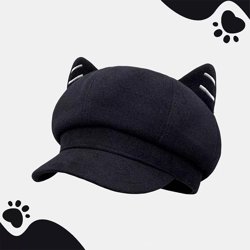 Japanese Style Cute Woolen Cat Ear Beret For Women Autumn And Winter Duckbill Octagonal Hat