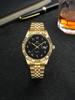 RICECGO Luxury Gold Stainless Steel Men Quartz Watch Arabic Numerals Dial Single Date Hip Hop Wristwatch Custom Logo MOQ50