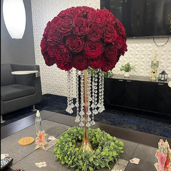Iron Art Flower Stand with Crystal Bead Curtain for Weddings and Dining Table Decorations