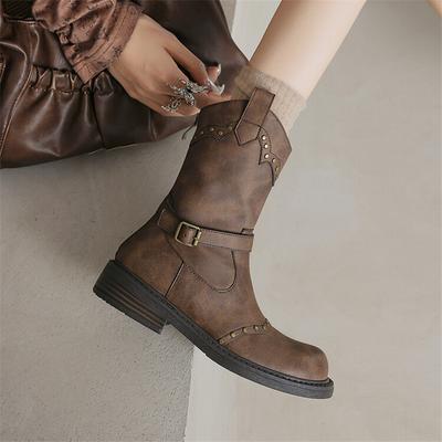 Fashion Autumn Winter Split Leather Women Boots Fashion Rivet Round Toe Shoes for Women Short Boots Women Mujer Low Heel Western Boots