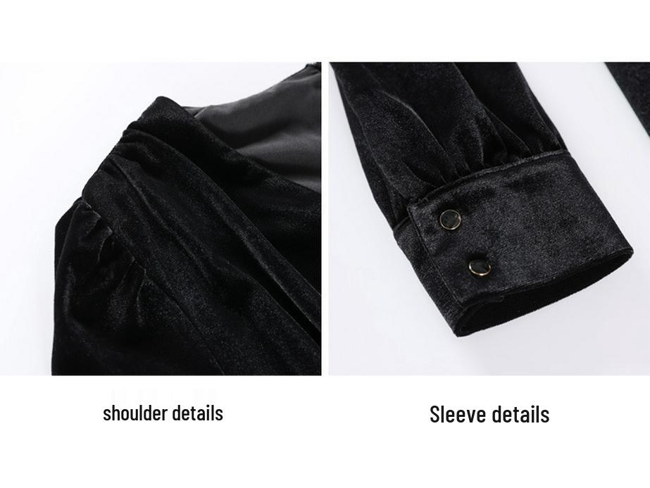 Genuine Velvet V-Neck Slim Long Dress for Women - French Chic Style