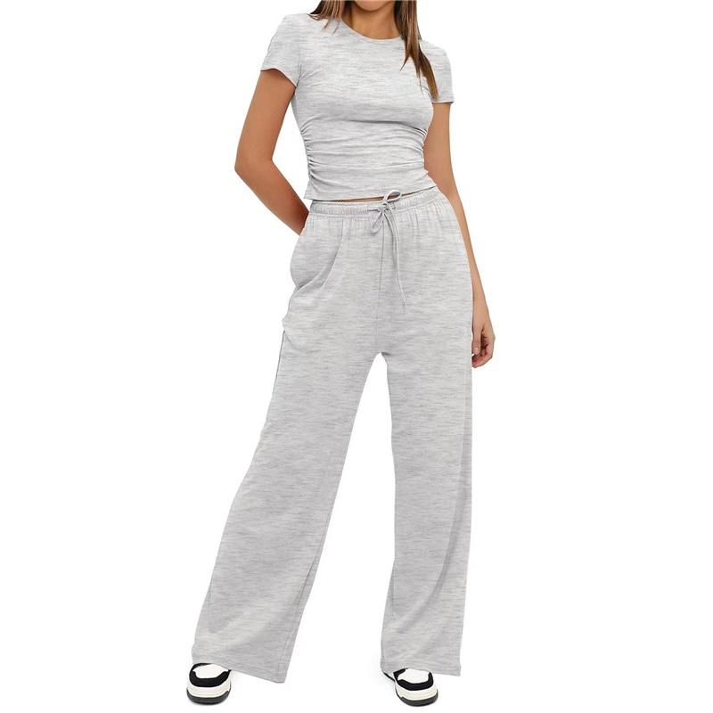 Women's 2 Piece Outfit Short Sleeve T-Shirt Wide Leg Pants Casual Tracksuit