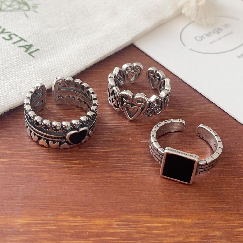 925 Sterling Silver Rings For Women Geometric Fine Jewelry Finger Adjustable Black Heart Stone Ring For Party Birthday Gift